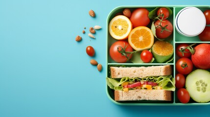 Top view of school kid's lunch box with healthy and nutritious food in a clean backdrop with copy space, Generative AI.