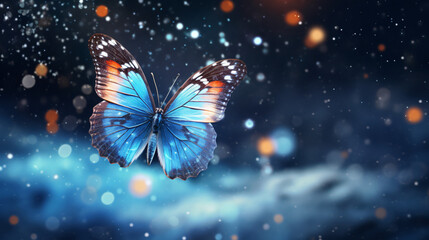 Fototapeta na wymiar Butterfly in the snow shiny glowing butterfly