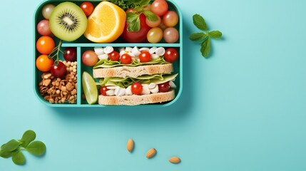 Top view of school kid's lunch box with healthy and nutritious food in a clean backdrop with copy space, Generative AI.