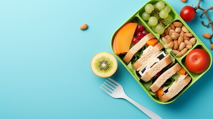Top view of school kid's lunch box with healthy and nutritious food in a clean backdrop with copy space, Generative AI. - obrazy, fototapety, plakaty