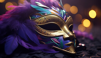 Mardi Gras celebration, mask, costume, elegance, purple, shiny, glamour, ornate, gold generated by AI