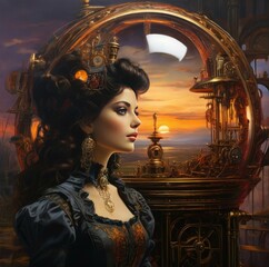 Starry Resolve: Steampunk Long-Haired Woman in a Cosmic Atmosphere with a Focused Gaze