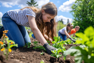 Fototapeta premium A heartwarming image of adolescents volunteering in a community garden - working together to plant and care for plants