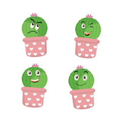 Cartoon cute cactus mascot, Potted cactus characters set, funny cactus in flower pot with different emotions vector Illustrations on a white background