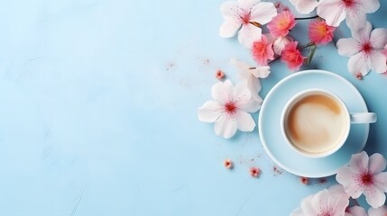 Morning cup of coffee and colorful flowers on blue pastel table top view. Flat lay style. Creative breakfast for Woman day.