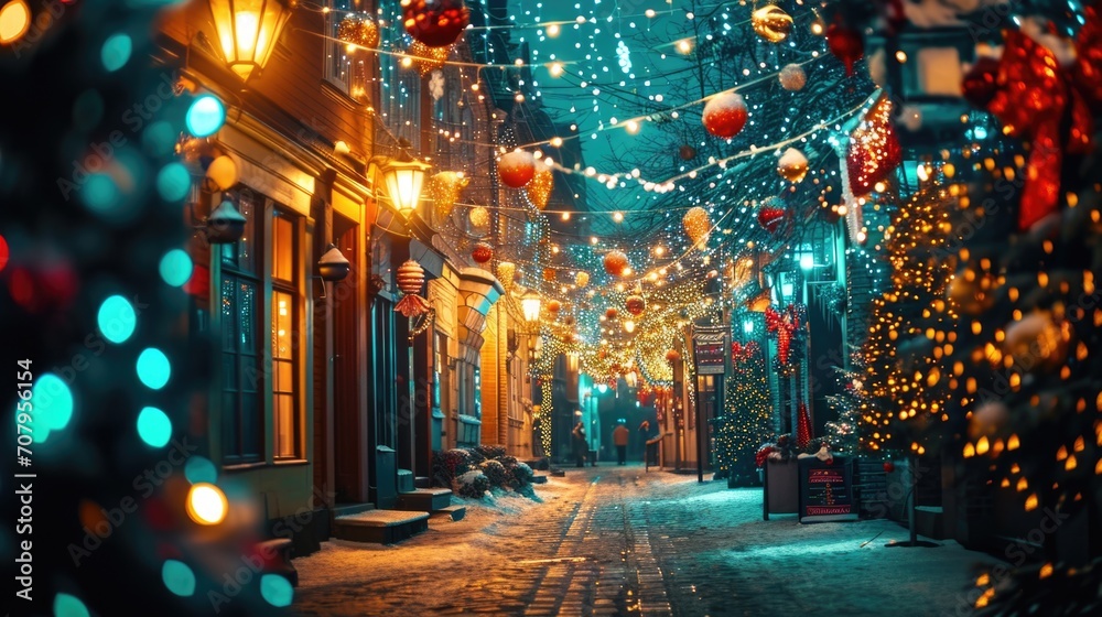 Poster a vibrant street adorned with beautiful christmas lights and decorations. perfect for adding a touch
