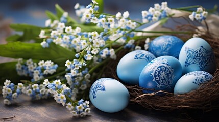 Fototapeta na wymiar A sprig of forget-me-nots and blue Easter eggs