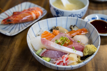 Slice of the fresh fish sashimi rice bowl