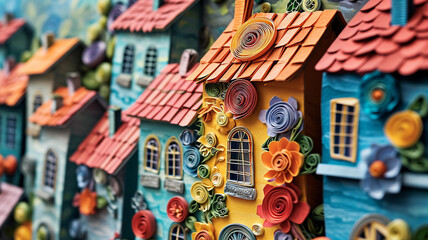 A quilled paper cityscape, buildings decorated with floral motifs