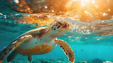 Poster Wildlife Impact, Sea Turtle Ingesting Microplastics, Ocean Blue. © Татьяна Креминская