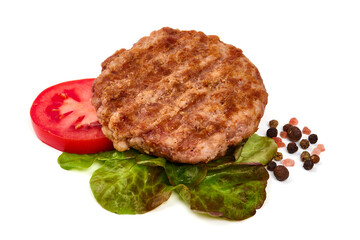 Fried pork burger cutlets, isolated on white background.