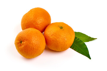 Mandarin. Tangerines with leaves, isolated on white background.