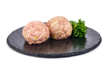 Raw pork meatballs, isolated on white background.