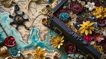 A quilled treasure map leading to a chest filled with floral jewels