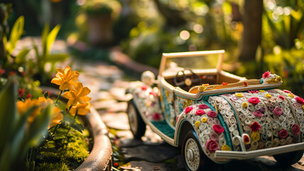 A quilled vintage car adorned with floral patterns cruising a garden path