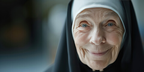 Serene Joy of Devotion. Old nun smiling, portrait with copy space on grey background.