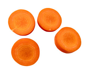 Top view of fresh orange carrot slices in set isolated with clipping path in png file format