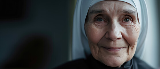 Serene Joy of Devotion. Old nun smiling, portrait with copy space on grey background.
