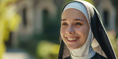 Serene Joy of Devotion. Young pretty nun in black clothes smiling, portrait with copy space. - obrazy, fototapety, plakaty