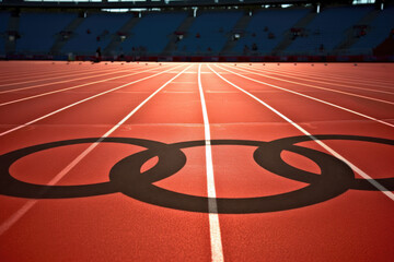 Athletics track with the shadow of the Olympic rings.