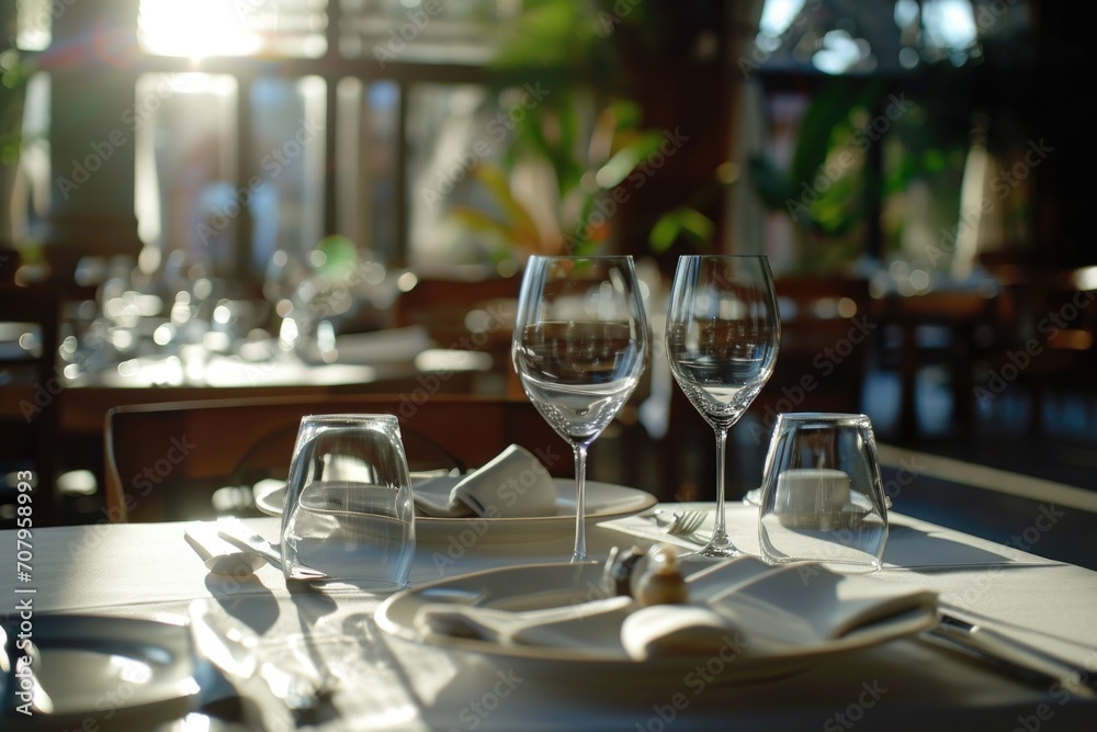 Poster An image of a table setting with empty wine glasses and silverware. This versatile picture can be used for various themes and concepts