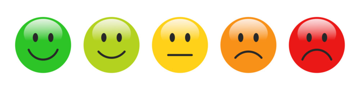 Naklejki 3D Rating Emojis set in different colors with shine. Feedback emoticons collection. Excellent, good, neutral, bad and very bad emojis. Flat icon set of rating and feedback emoji icons.