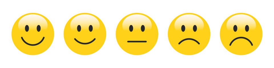3D Rating Emojis set in yellow color. Feedback emoticons collection. Excellent, good, neutral, bad and very bad emojis. Flat icon set of rating and feedback emojis icons in yellow color. - obrazy, fototapety, plakaty