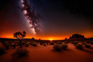 The rugged beauty of the Australian Outback at dawn, with a red desert landscape and a clear, star-filled sky.