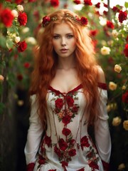 Young redhead woman among flowers
