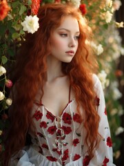 Young red-haired woman among flowers