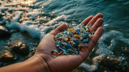 microplastics lay on people hand. Concept of water pollution and global warming. Climate change idea.