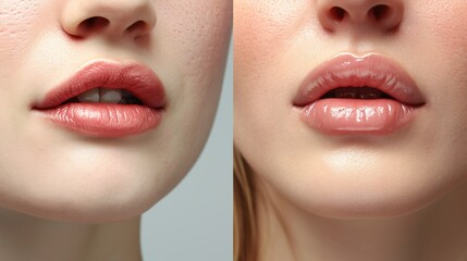 Close-up comparison of a woman's lips before and after a lip filler treatment. Ideal for beauty and cosmetic enhancement concepts - obrazy, fototapety, plakaty