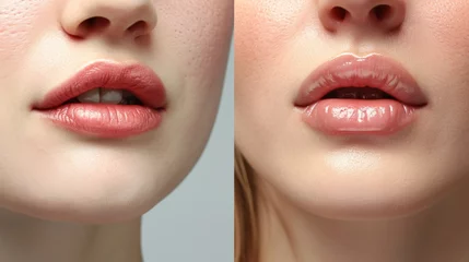 Fotobehang Close-up comparison of a woman's lips before and after a lip filler treatment. Ideal for beauty and cosmetic enhancement concepts © Fotograf