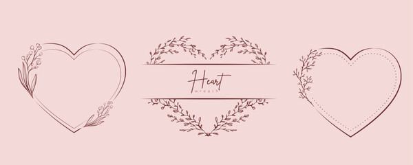 Hand drawn floral wreath with heart and leaves. Flower botanical frame for monogram, wedding logo, invitation, postcard, and more. Vintage ornament vector illustration isolated on white background.
