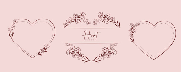 Hand drawn floral wreath with heart and leaves. Flower botanical frame for monogram, wedding logo, invitation, postcard, and more. Vintage ornament vector illustration isolated on white background. - obrazy, fototapety, plakaty