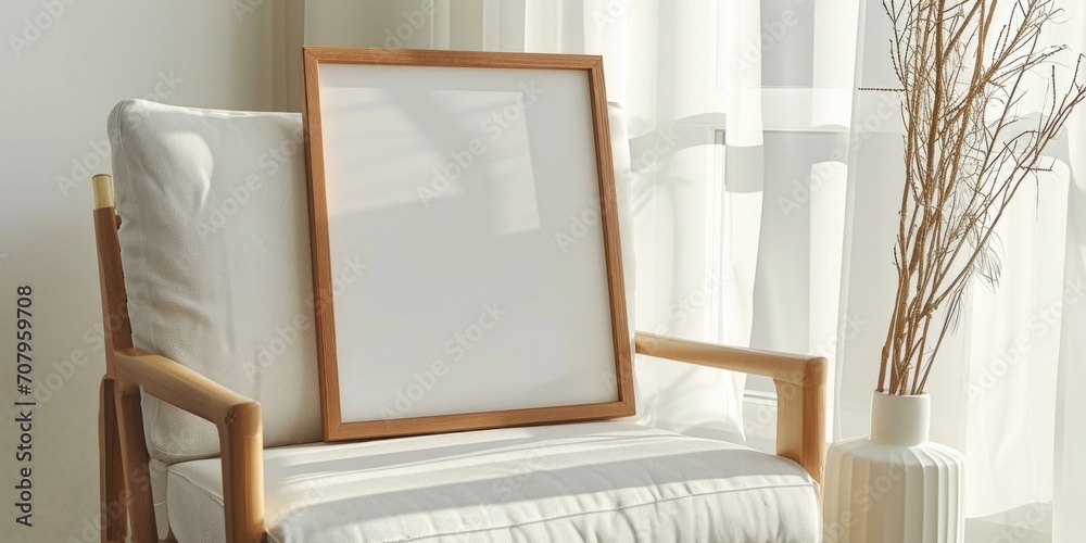 Poster A picture frame is placed on top of a chair next to a vase. This versatile image can be used for various design projects