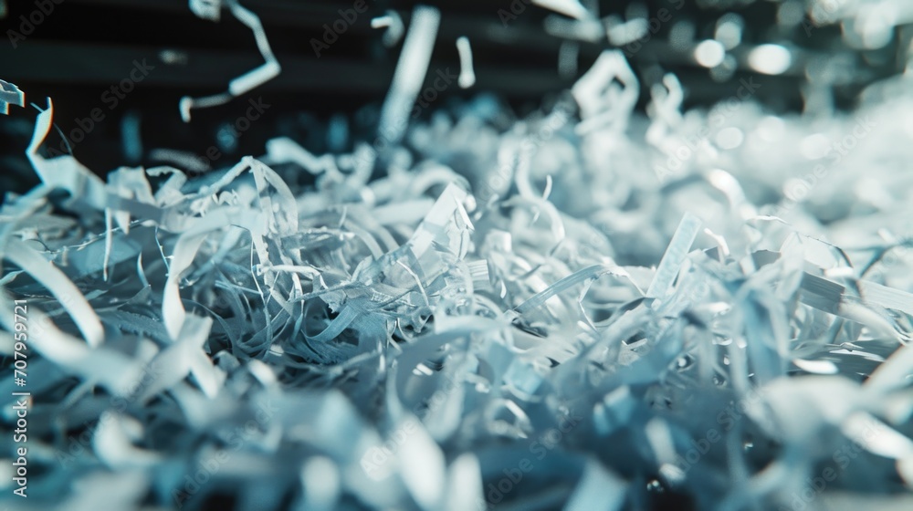 Poster shredded paper piled on a table. can be used to represent recycling, waste management, or a messy wo