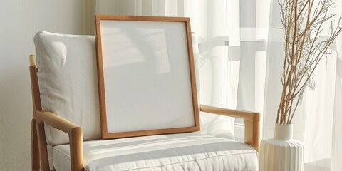 A picture frame is placed on top of a chair next to a vase. This versatile image can be used for various design projects