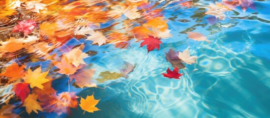 Fototapeta na wymiar Reflective autumn foliage in water, capturing the beauty of colorful fall leaves amidst a sunny October day.