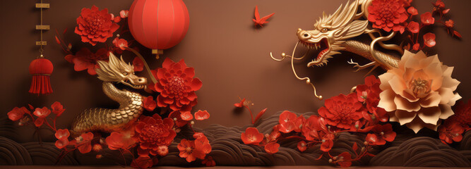 Happy Chinese New Year 2024 the dragon zodiac sign with flower, lantern, elements with red and gold color. background. Copy space