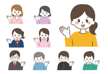 指をさして説明する人のイラスト。いろんな年代の人。