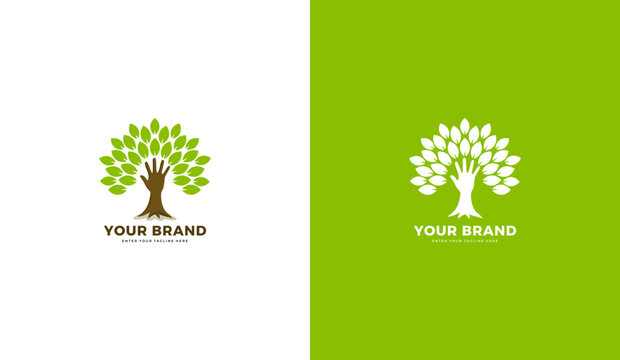 Hand tree logo, care for the green environment. Vector illustration