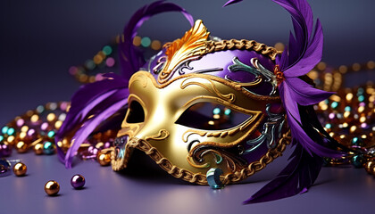 Mardi Gras celebration, costume, mask, purple, gold, glitter generated by AI