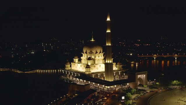 Aerial view of Putra Mosque in Putrajaya at night
