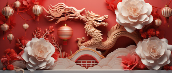 Happy Chinese New Year 2024 the dragon zodiac sign with flower, lantern, elements with red and gold color. background. Copy space