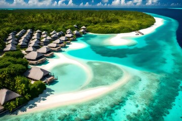 A vibrant coral atoll in the Maldives, with a white sandy beach and overwater bungalows.