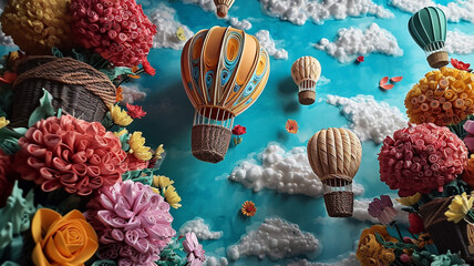 A sky filled with quilled hot air balloons, baskets of blooming flowers