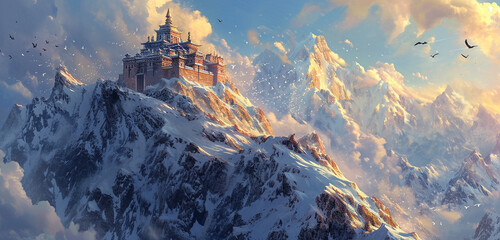 A snowy mountain peak with a hidden monastery and flying monks, - Powered by Adobe