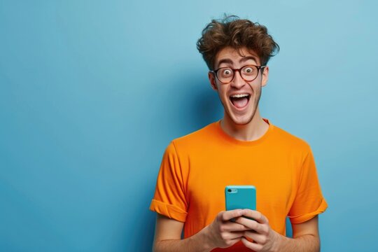 A man in an orange shirt holding a cell phone. Suitable for technology and communication concepts