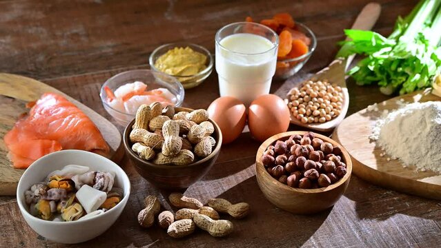 Common food allergens including egg, milk, soya, nuts, fish, seafood, wheat flour, mustard, dried apricots and celery